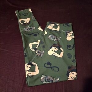 Karmen Anne Leggings OS Yoga Pants Womens Olive Green Pinup Girl Army USA Camo